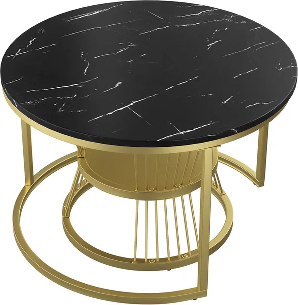 Modern Coffee Table - 70 and 45 cm - Coffee Table - Side Table - 2 Pieces - Round Coffee Table - Marble Look - Black - Gold