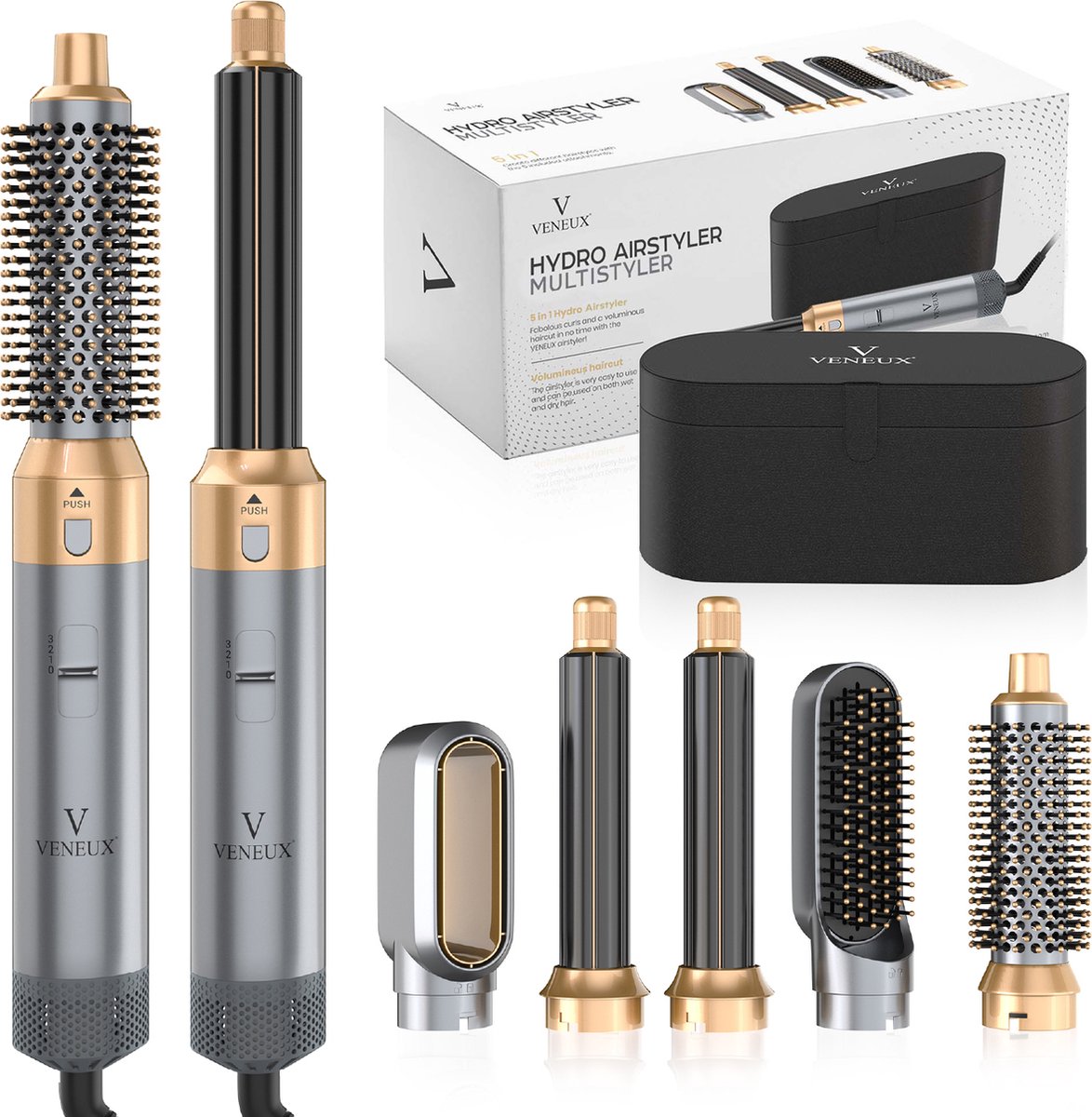VENEUX® Föhnborstel - Airstyler - Krulborstel - Krultangen - 5-in-1 Multistyler - Met Opbergcase - Grijs met Goud