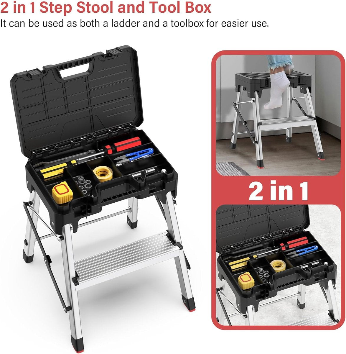 Folding ladder, aluminum step ladder, 2-in-1 step stool with tool storage, portable folding stool, household ladder, load capacity up to 150 kg, 2 steps