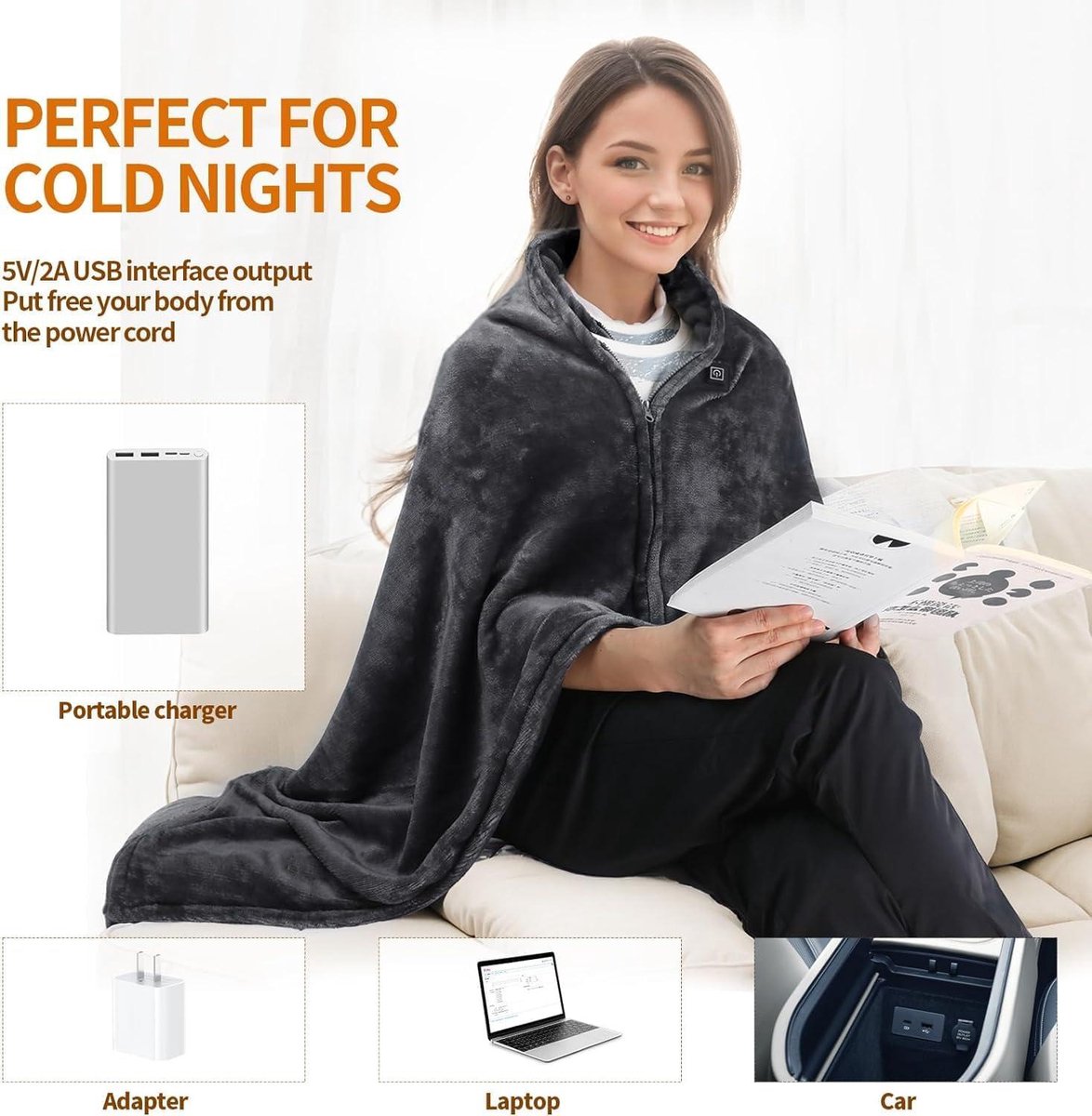 Electric blanket with USB connection - Cordless heated blanket with 3 temperature levels - Machine washable