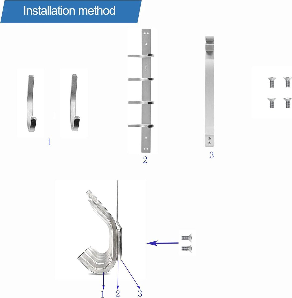 Stainless Steel Door Hook without Drilling - 6 Hooks Door Hook Strip - Bathroom Bedroom - Silver Inside Door Coat Rack Overlay Door