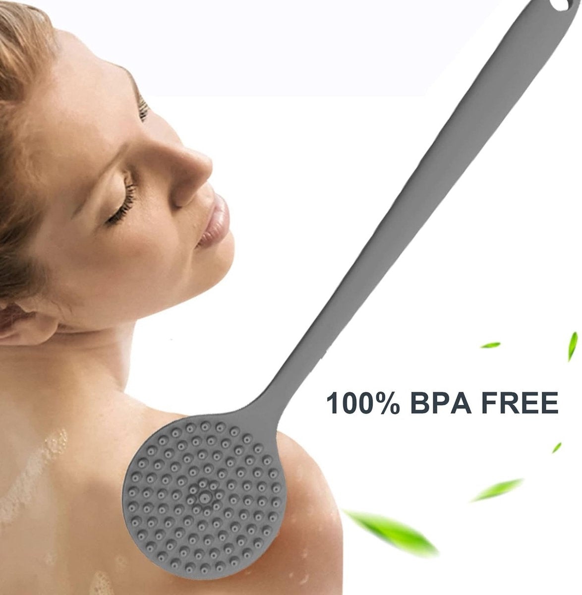 Siliconen lichaamsborstel, dubbelzijdige rugwasser voor onder de douche, doucheborstel, lange steel voor mannen en vrouwen, badborstel, doucheborstel voor dieptereiniging, badwasser exfoliërende massage
