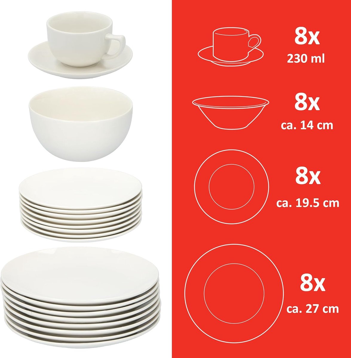 Servies - 40-delig servies - 8 personen - porselein - inclusief borden, dessertborden, kommen, schotels en kopjes - wit