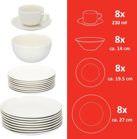 Servies - 40-delig servies - 8 personen - porselein - inclusief borden, dessertborden, kommen, schotels en kopjes - wit