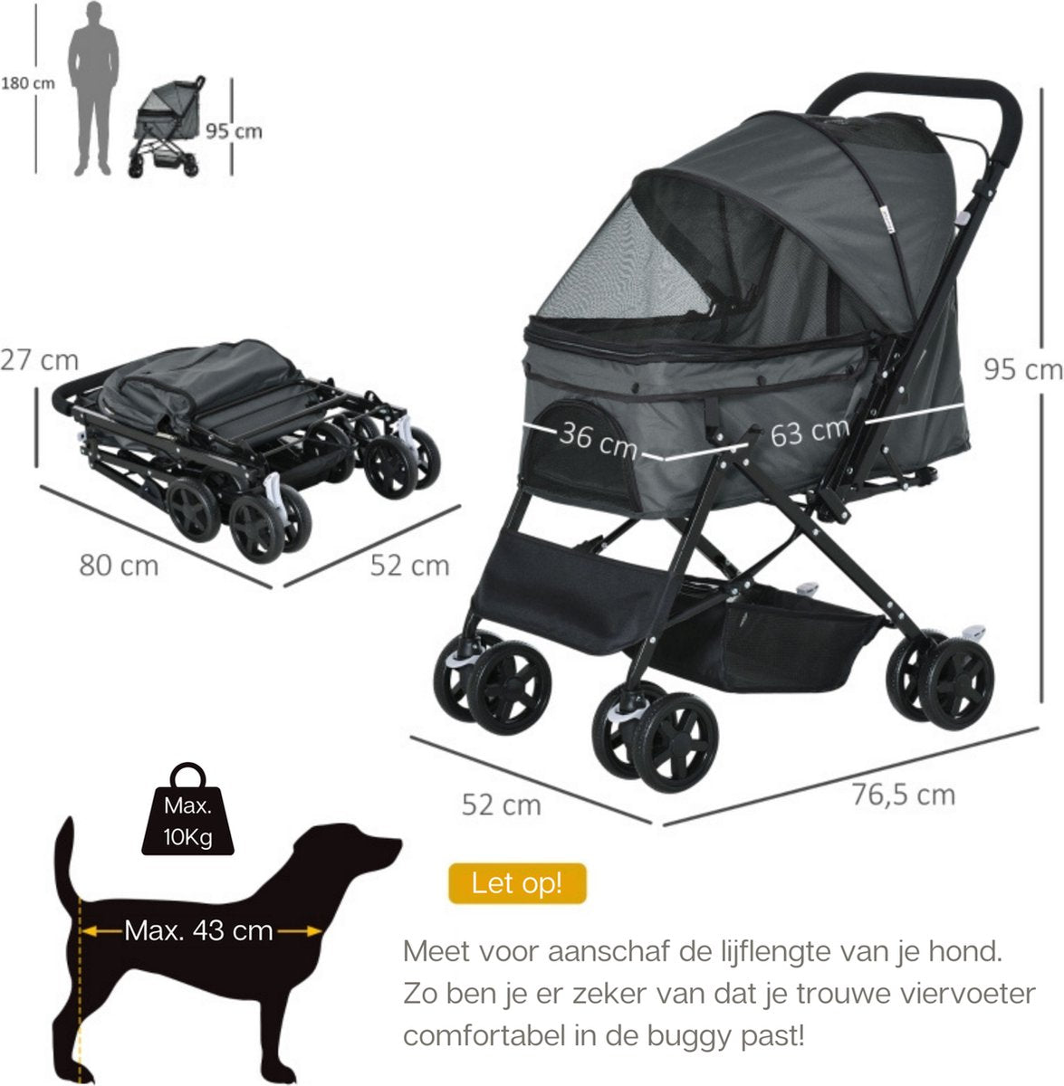 Zenzee - Dog Stroller - Foldable - Parking Brake - Storage Space - Grey