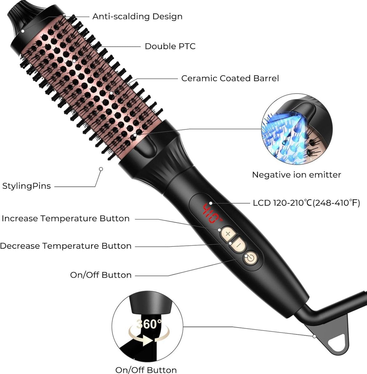 Föhnborstel Thermische Borstel – Ronde verwarmingsborstel met LCD-temperatuurinstelling 120-210 graden – 38 mm thermische borstel 3-in-1 – haarborstel voor volume en styling met dubbele spanning