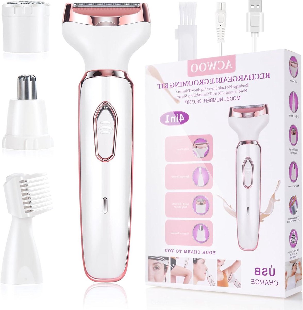 Ladyshave draadloos 4-in-1 elektrisch scheerapparaat voor dames - oplaadbaar - pijnloos - bikinitrimmer - nat en droog - ontharen voor gezicht - benen - oksels - neus- en wenkbrauwscheerapparaat vrouw