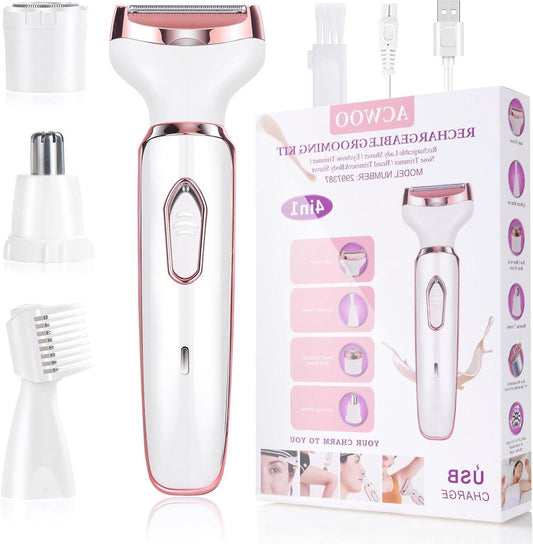 Ladyshave draadloos 4-in-1 elektrisch scheerapparaat voor dames - oplaadbaar - pijnloos - bikinitrimmer - nat en droog - ontharen voor gezicht - benen - oksels - neus- en wenkbrauwscheerapparaat vrouw