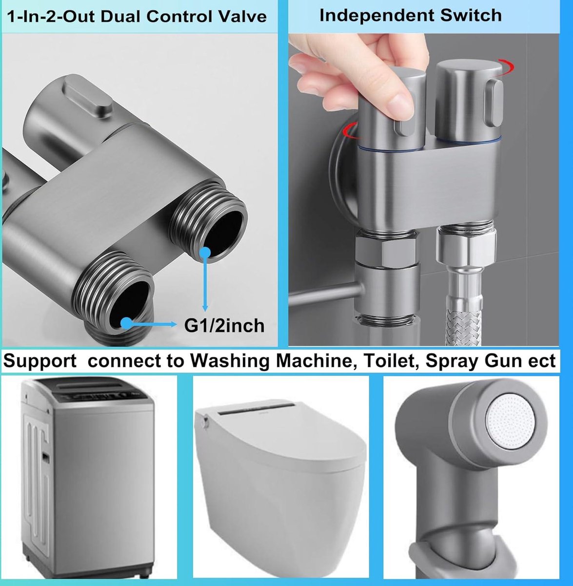 UK draagbare douche bidet - 2m chromen slang - dubbele regelklep - moslim douchespray - zwarte versie