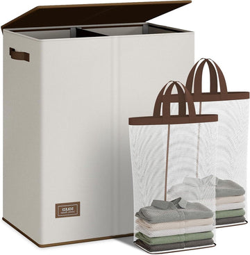 145L dubbele wasmand met deksel en verwijderbare waszakken - wit - grote capaciteit, opbergoplossing