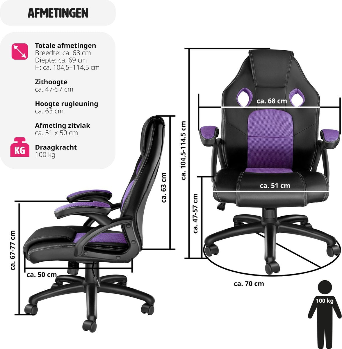 tectake® - Gaming bureaustoel - Luxe bureaustoel kantoorstoel - Racingstoel gamestoel Mike - Zwart/paars