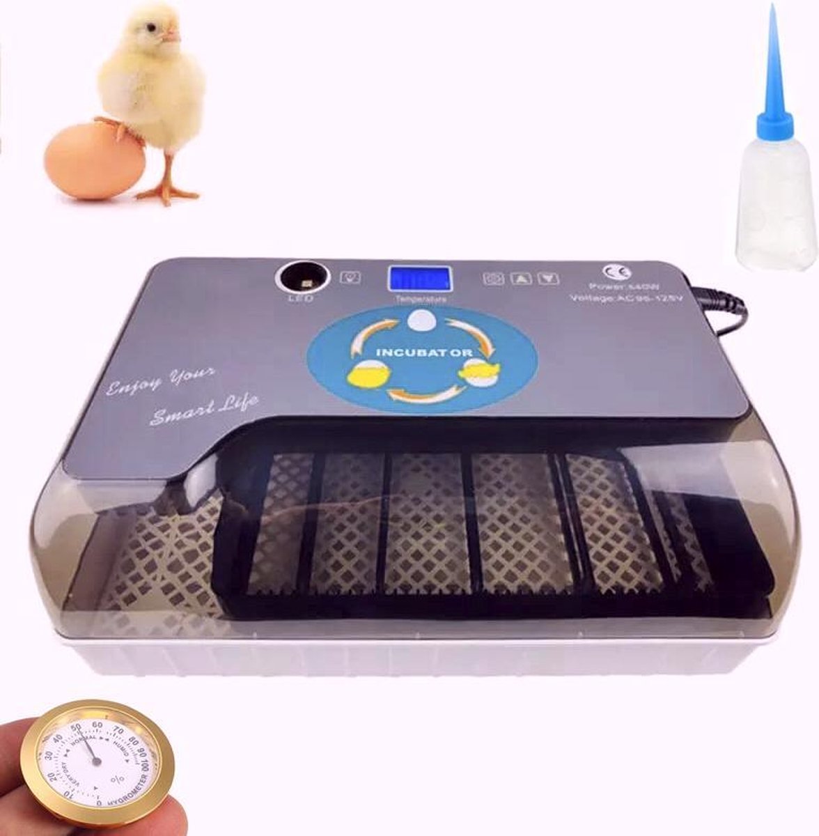 Smart Incubator voor eieren - automatisch rolsysteem met geïntegreerde schouwlamp - incl. accessoires - waterflesje met spitse tuit