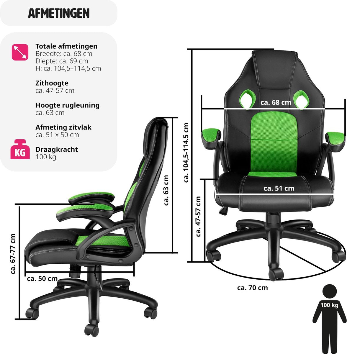tectake® - bureaustoel gamingstoel - luxe bureaustoel kantoorstoel - racingstoel bureaustoel gamestoel Mike - zwart/groen
