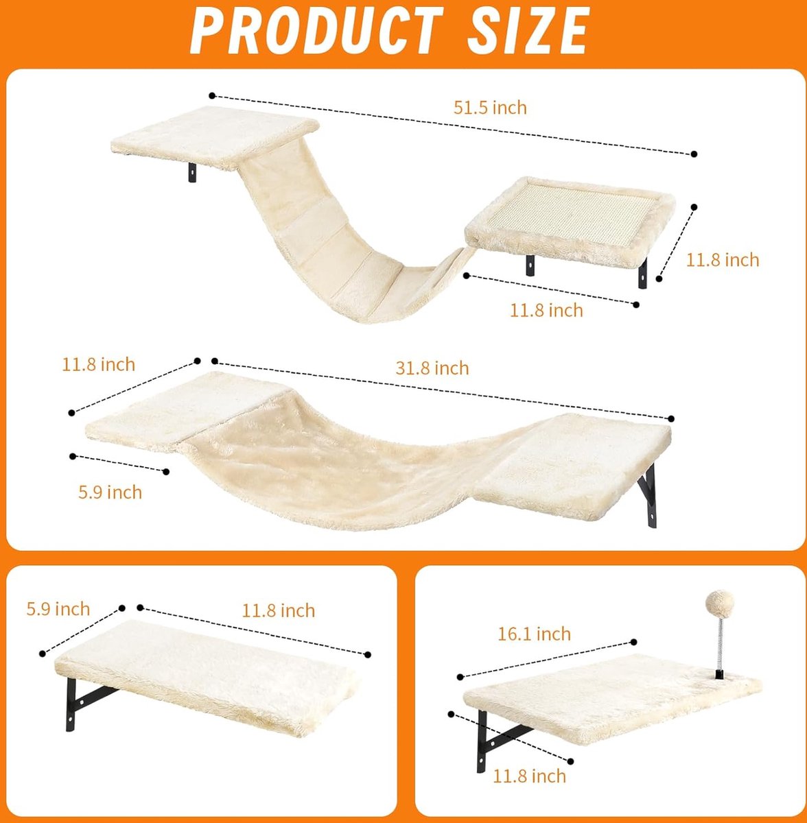 Cat Climbing Wall Set with Scratching Post Hammock, Cat Cave Wall, Cat Bridge, Scratching Board, and Scratching Post - 7-Piece Wooden Cat Furniture for Cats, Catwalk (Grey)