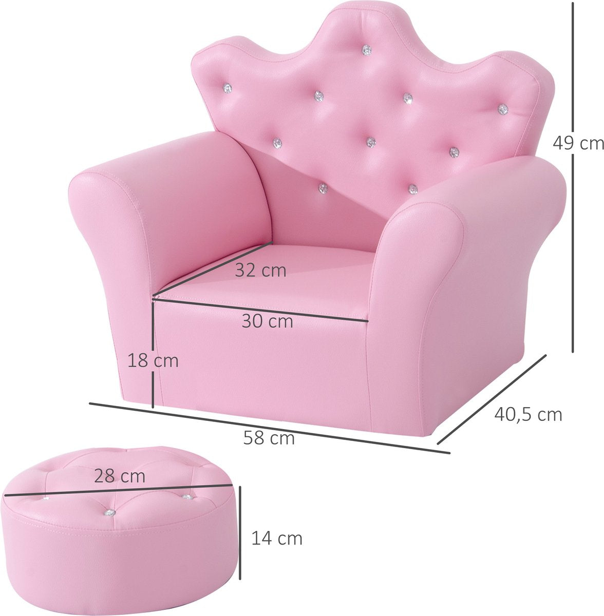 Children's sofa with crystal buttons and ottoman pink