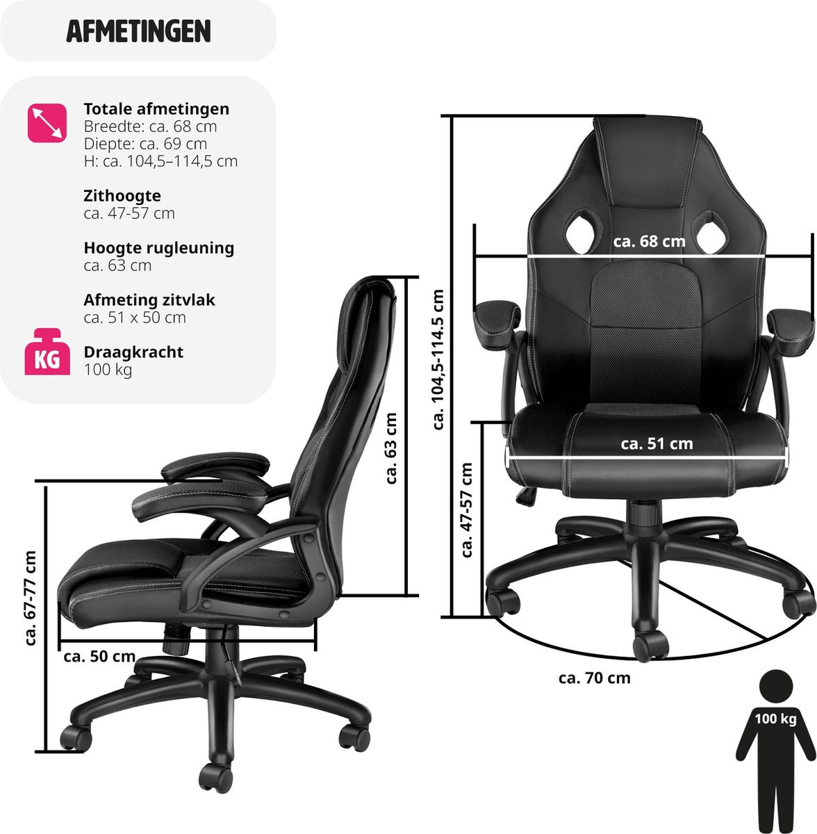 tectake® - bureaustoel gamingstoel - luxe bureaustoel kantoorstoel - racestoel bureaustoel gamestoel Mike - zwart/zwart