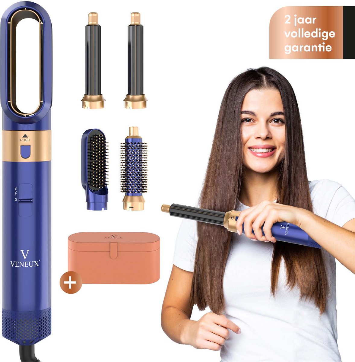 VENEUX® Föhnborstel - Airstyler - Krulborstel - Krultangen - 5-in-1 Multistyler - Met Opbergcase - Blauw Met Goud