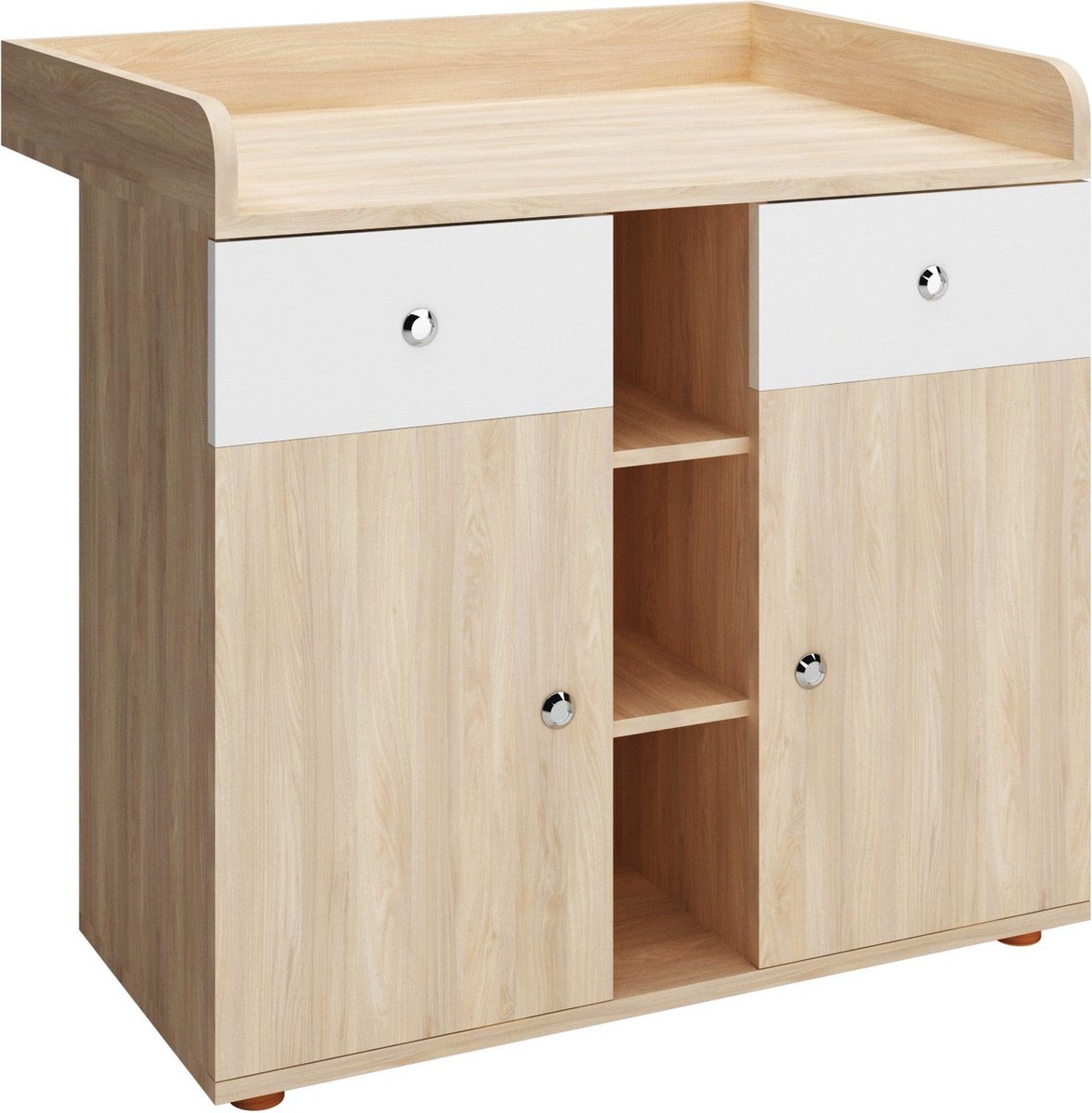 Infantastic - Babycommode met 2 grote lades en 5 vakken - Ladekast met Opbergruimte - Veelzijdig Omkleedmeubel met Organiser - 90x69x92 cm (LxBxH) - Eikenfineer
