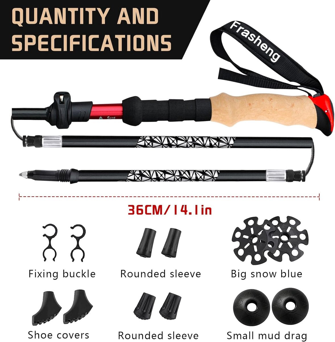 Vouwbare aluminium wandelstokken met kurken handvat, trekkingstokken, nordic walking stokken, telescopisch opvouwbare en verstelbare wandelstokken, met 4 paar rubberen doppen voor trekking, 135 cm.
