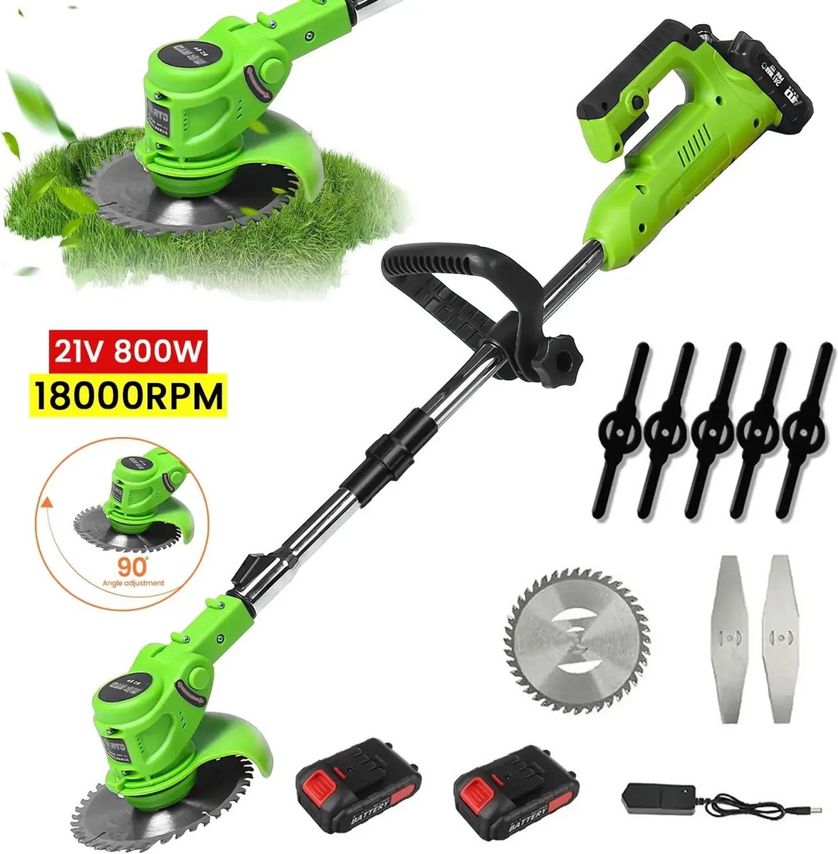 Iptrading - grastrimmer - 800 W onkruid wieden - 2 accu's - gras trimmen - handzaam en gemakkelijk te gebruiken - diverse snijmessen
