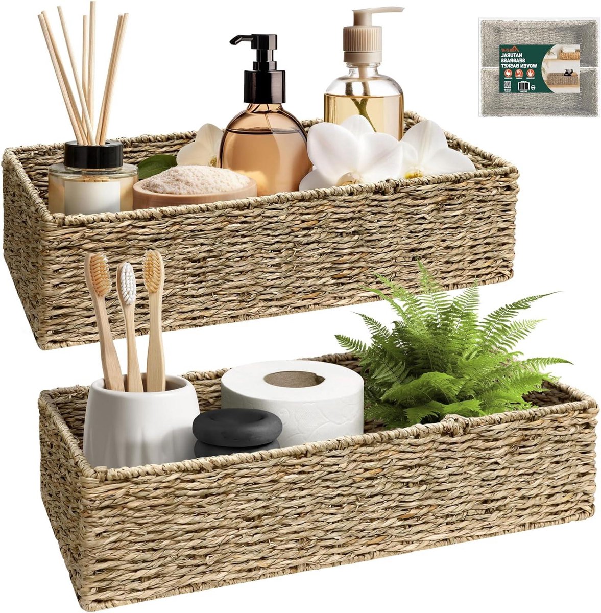 Seagrass Storage Baskets - Long Narrow Rectangular Woven Baskets for Bedroom Living Room Bathroom Shelves - Set of 2