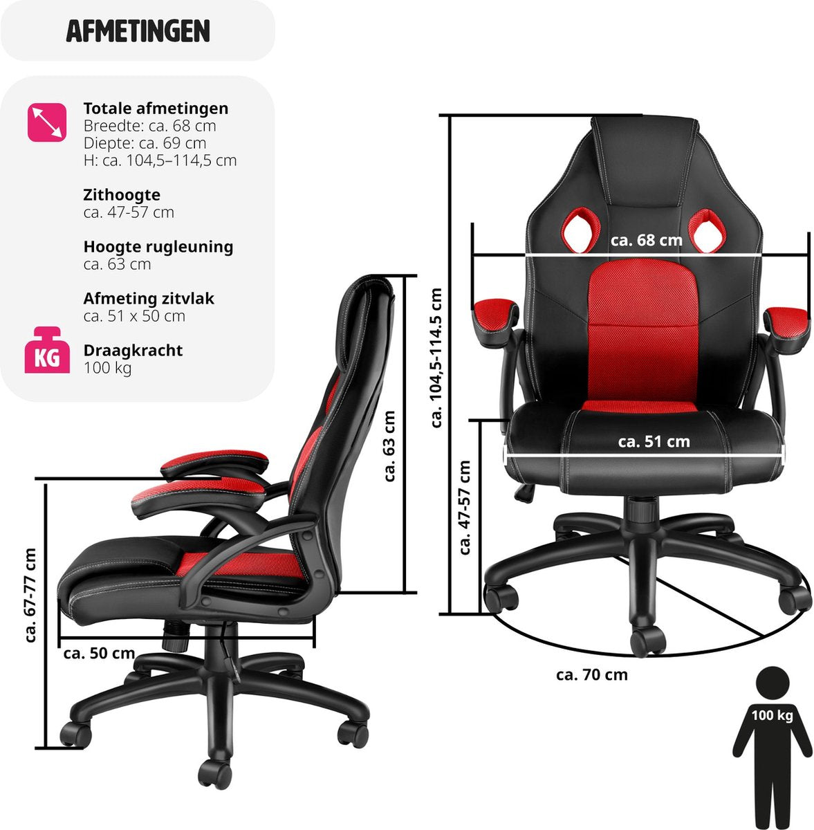 tectake® Gamingstoel - met Kantelfunctie, Directiestoel, Bureaustoel op Wielen - In Hoogte Verstelbare Ergonomische Bureaustoel - PC Stoel - Zwart/Rood