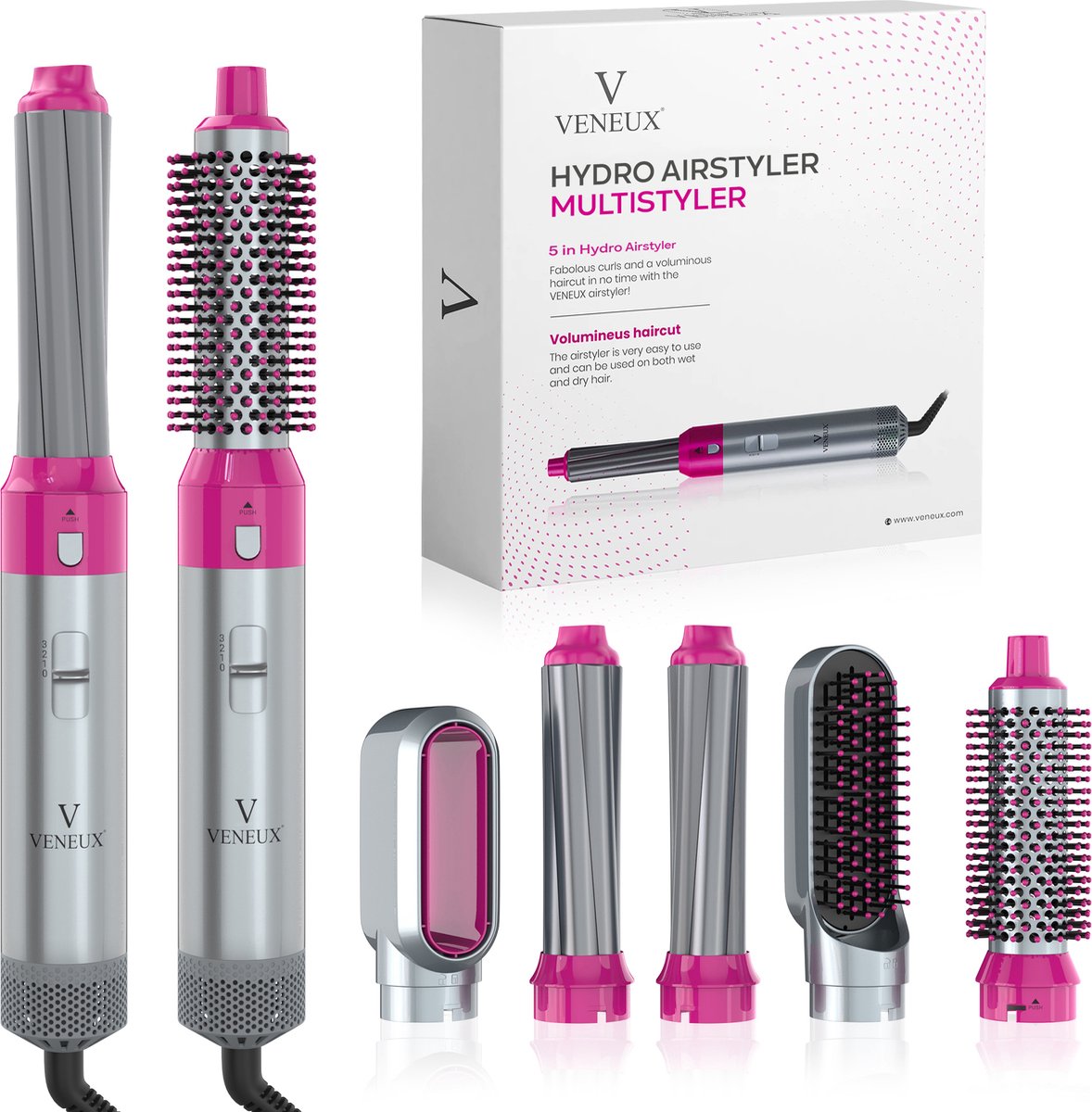 VENEUX® Föhnborstel - Airstyler - Krulborstel - Krultangen - 5-in-1 Multistyler - Grijs
