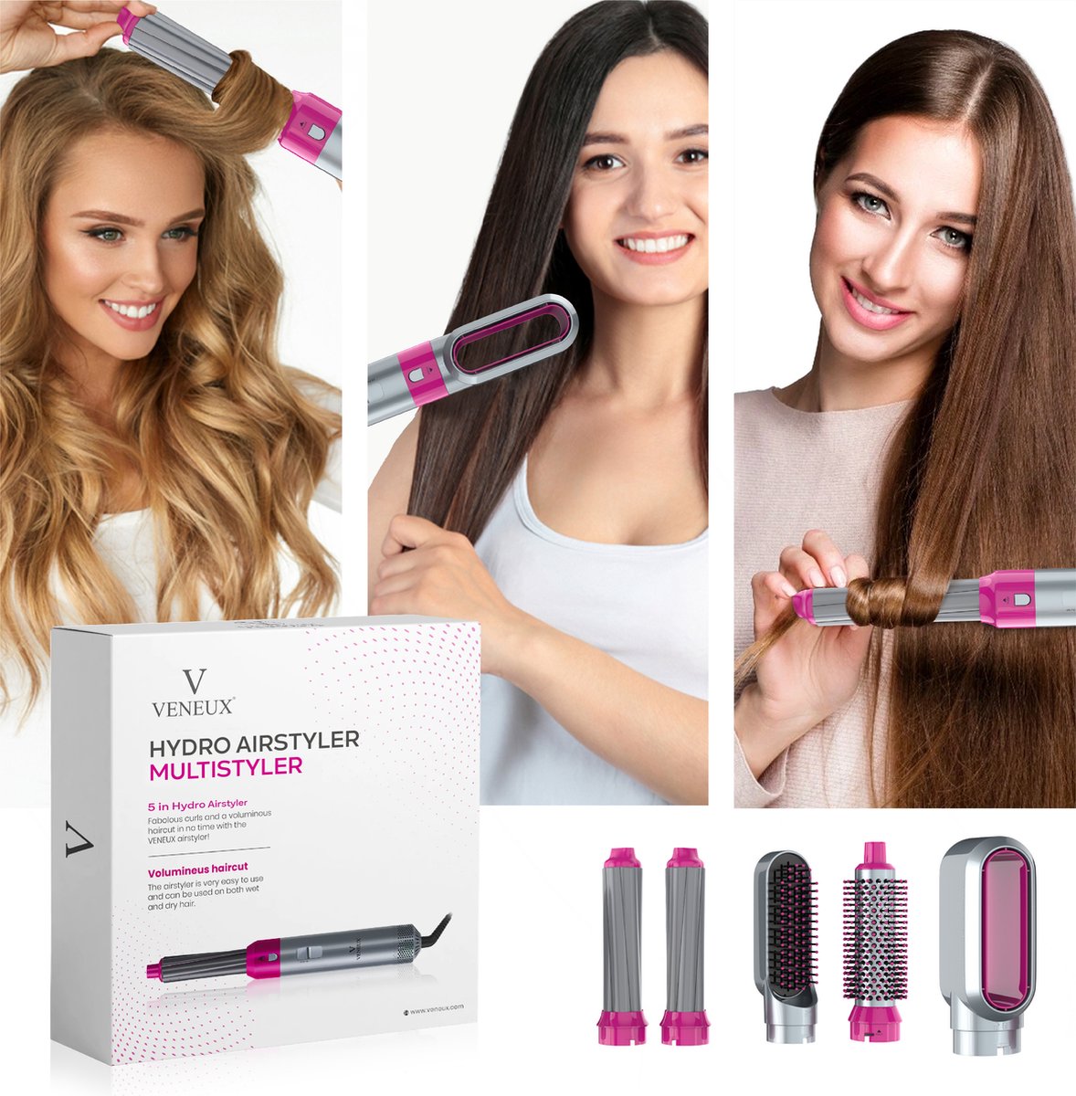 VENEUX® Föhnborstel - Airstyler - Krulborstel - Krultangen - 5-in-1 Multistyler - Grijs