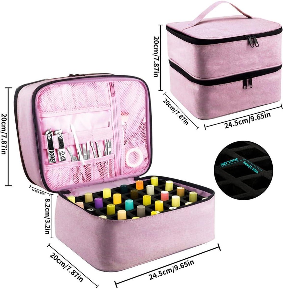 Double Nail Polish Storage Bag - Organizer for 30 Bottles - Portable Nail Polish Carrying Case with UV Lamp - Nail Art Accessories Nail Polish Case