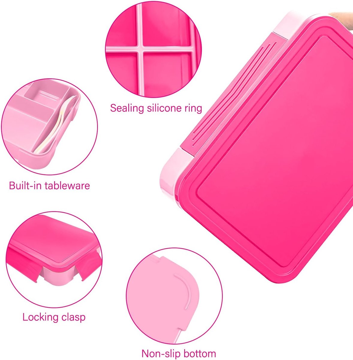 Lunchbox, 1300 ml, lekvrij, broodtrommel voor kinderen met 5 vakken en bestekset, BPA-vrije lunchbox, broodtrommel voor kinderen en volwassenen, voor magnetron, vaatwasser (roze)