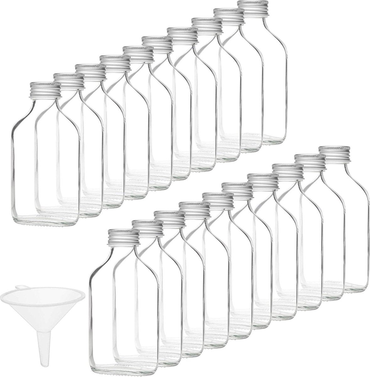 Mini 100ml Glazen Flesjes - 20 Stuks, Zilveren Dopjes & Trechter - Lege Mini Flesjes Voor Bruiloften & Feestjes - Alcohol Shots & Drankjes