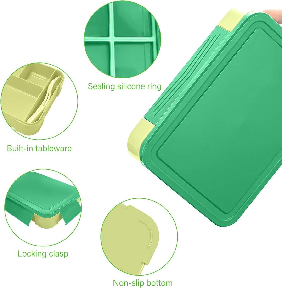 Lunchbox 1300 ml, lekvrij, broodtrommel voor kinderen met 5 vakken en bestekset, BPA-vrij, broodtrommel voor kinderen en volwassenen, geschikt voor magnetron en vaatwasser (groen)