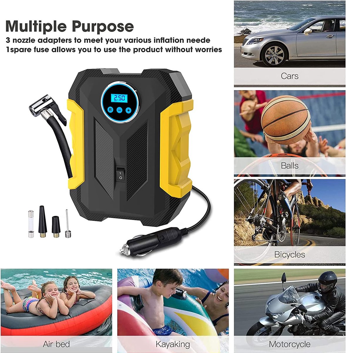 Digital Air Compressor for Car - Portable Tire Inflator with LED Light 12V