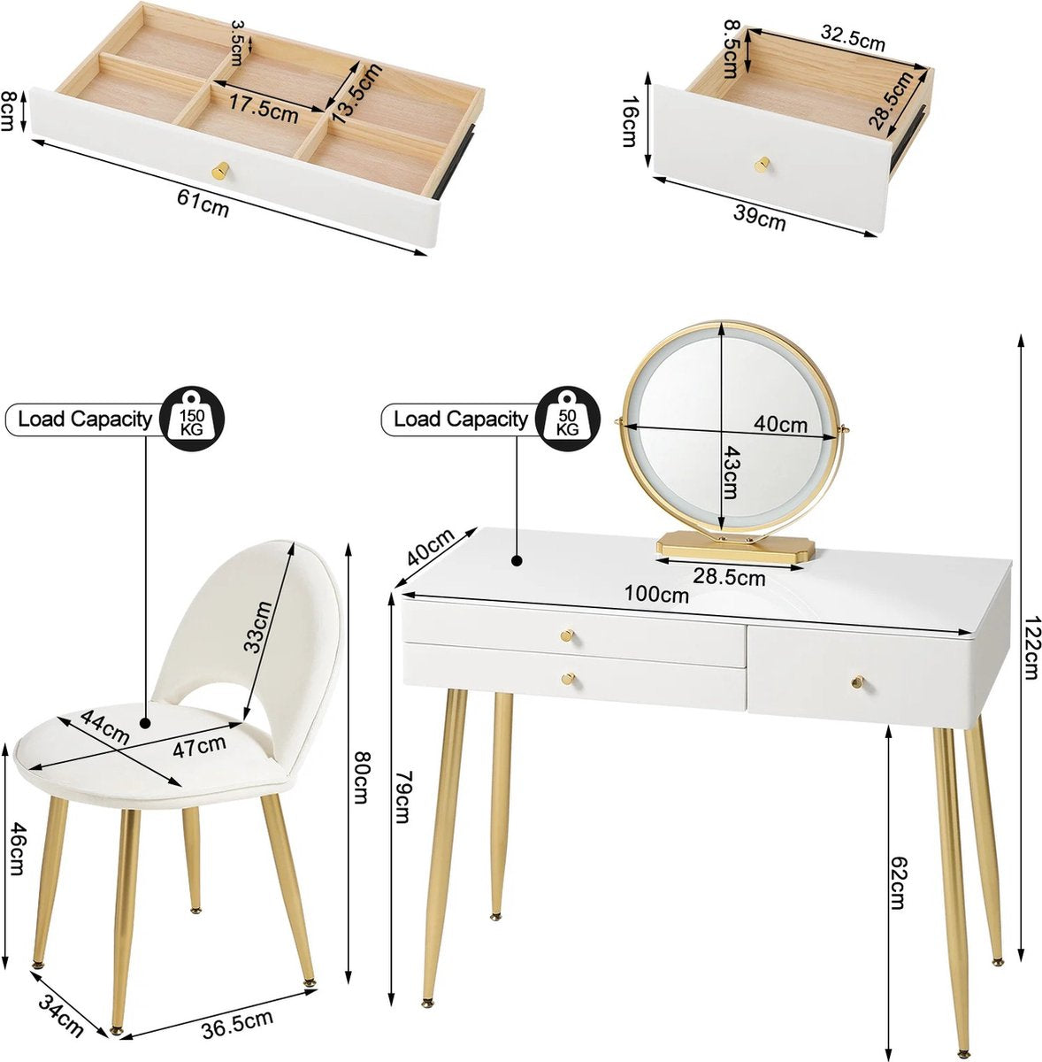 vanBoni Dressing Table with Mirror and Lights - Makeup Table - Dressing Table with Three Drawers - Velvet Stool - Desk - Dressers - White Gold - 100x40x122 cm