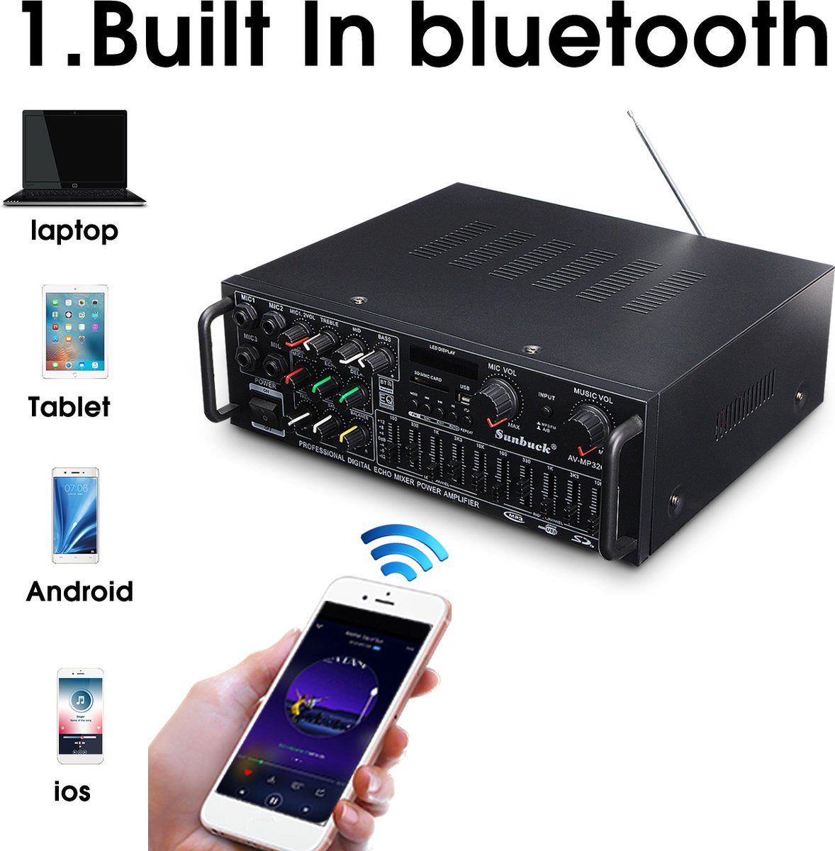 220V-240V Bluetooth Stereo Car Audio Versterkers-800W Auto Luidsprekers-met Afstandsbediening-Zwart