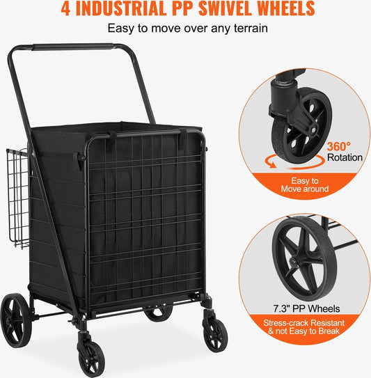 ByBusby® Foldable Shopping Cart - Shopping Trolleys - Removable Waterproof Liner - Load Capacity 150 KG - 360° Swivel Wheels