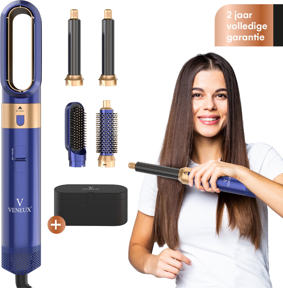 VENEUX® Föhnborstel - Airstyler - Krulborstel - Krultangen - 5-in-1 Multistyler - Met Opbergcase - Blauw Met Goud