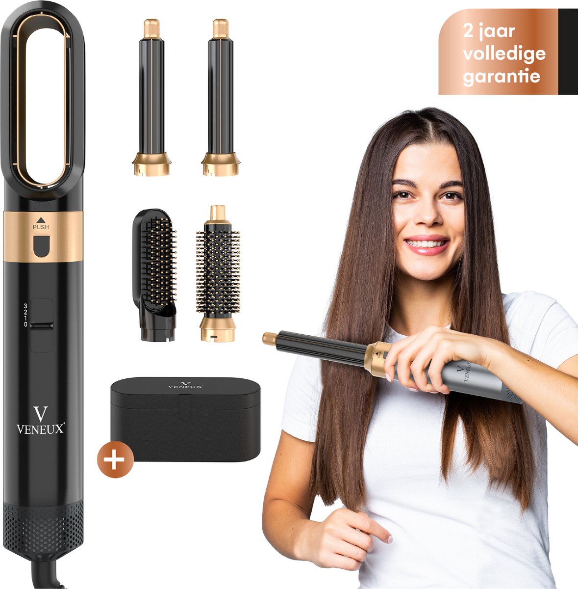 VENEUX® Föhnborstel - Airstyler - Krulborstel - Krultangen - 5-in-1 Multistyler - Met Opbergcase - Zwart Met Goud