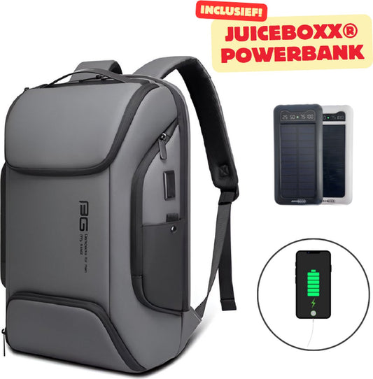 E-Shop4u - USB Laptoprugzak - Incl. JuiceBoxx® Powerbank - Anti-diefstal TSA-slot - Waterdicht - Grote Capaciteit - Grijs - USB Oplaadfunctie