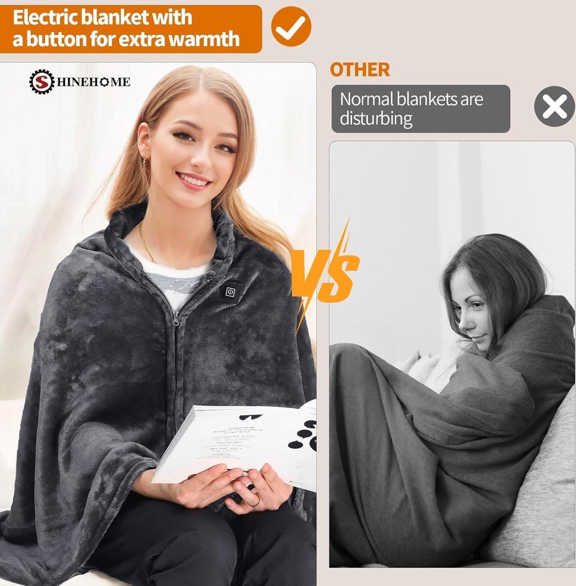 Electric blanket with USB connection - Cordless heated blanket with 3 temperature levels - Machine washable