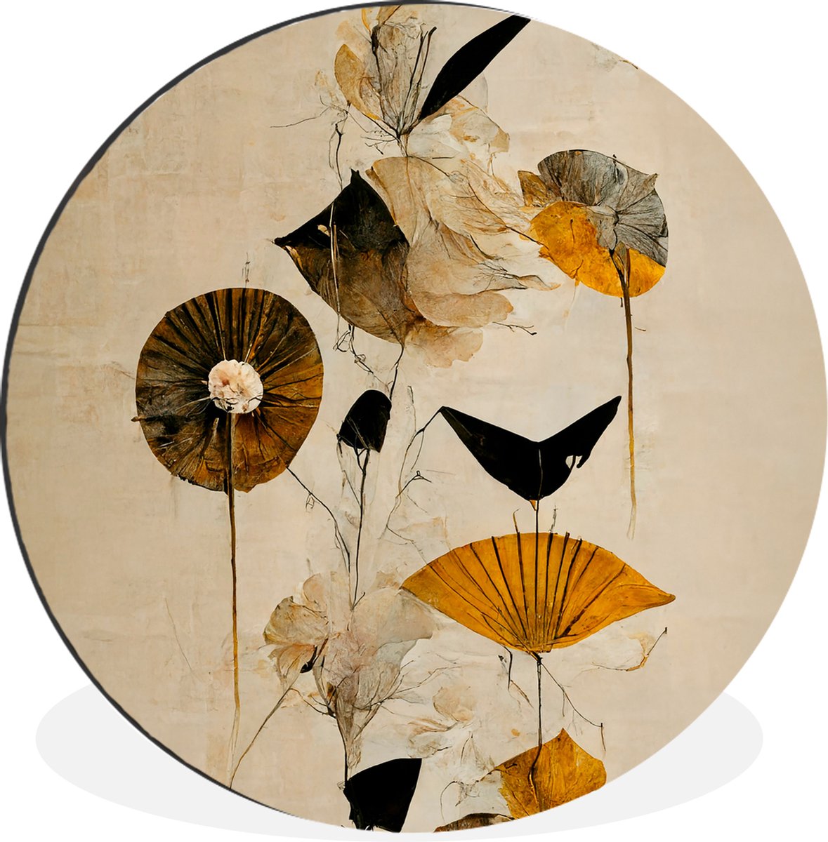 WallCircle - Wandcirkel - Muurcirkel - Bloemen - Vintage - Planten - Goud - Aluminium - Dibond - âŒ€ 140 cm - Binnen en Buiten