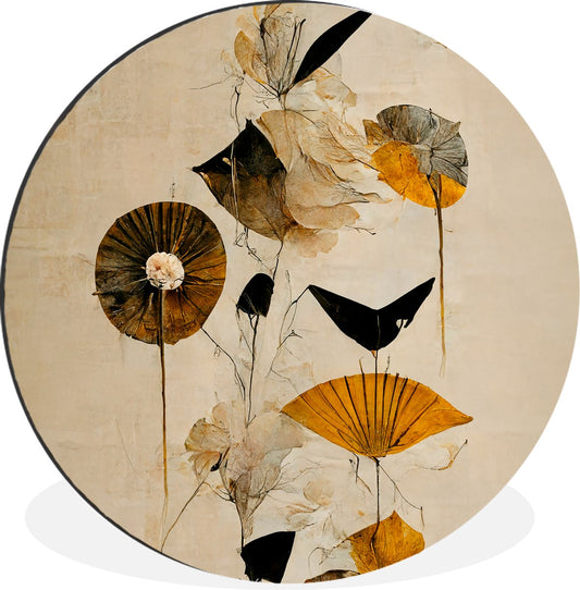 WallCircle - Wandcirkel - Muurcirkel - Bloemen - Vintage - Planten - Goud - Aluminium - Dibond - âŒ€ 140 cm - Binnen en Buiten