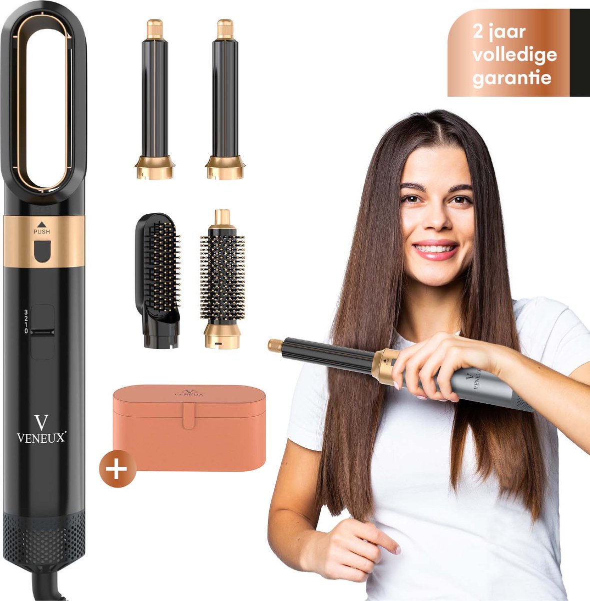 VENEUX® Föhnborstel - Airstyler - Krulborstel - Krultangen - 5 in 1 Multistyler - Met Opbergcase - Zwart Met Goud