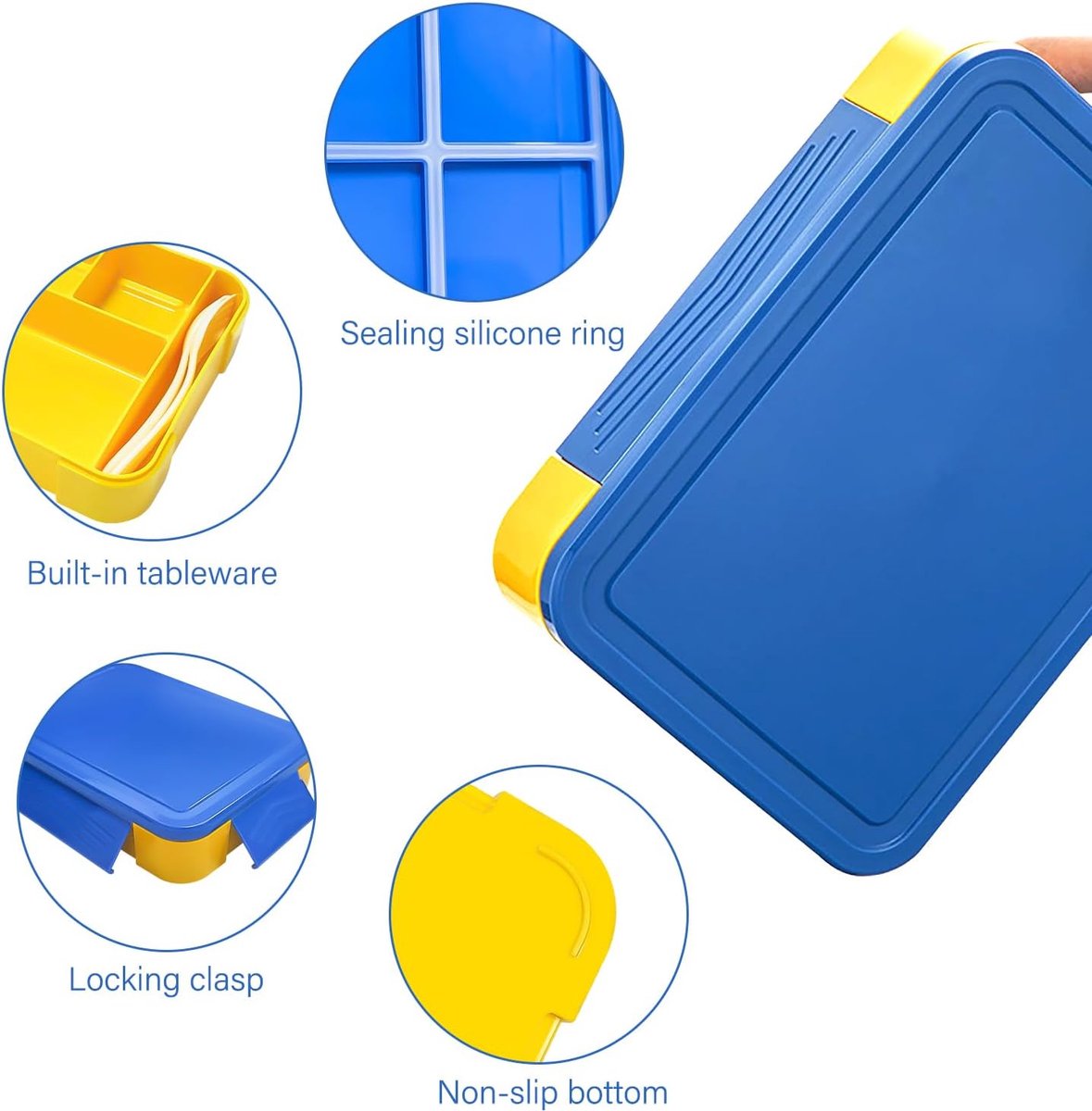 Lunchbox 1300 ml, lekvrij, broodtrommel voor kinderen met 5 vakken en bestekset, BPA-vrij, broodtrommel voor kinderen en volwassenen, voor magnetron, vaatwasser (blauw-geel)