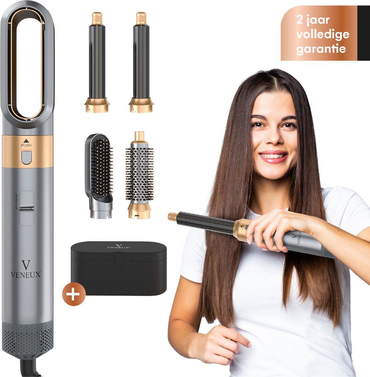 VENEUX® Föhnborstel - Airstyler - Krulborstel - Krultangen - 5-in-1 Multistyler - Met Opbergcase - Grijs met Goud