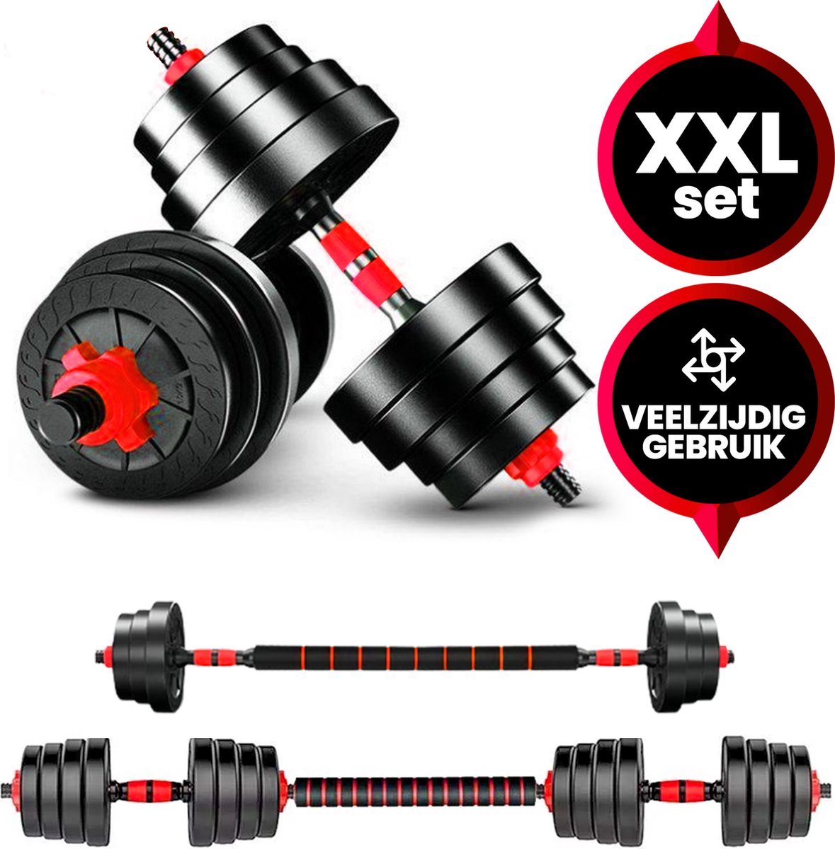 Viper Sports Verstelbare Dumbbell set tot 30kg - Halterset 2x15kg – 2-in-1 Gewichten – Home Gym - Krachttraining – Dumbbells - Rood