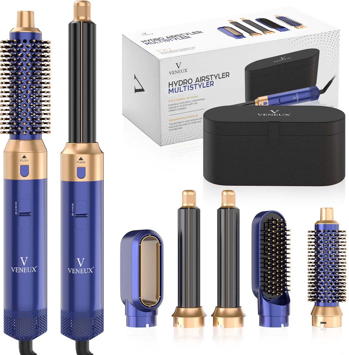 VENEUX® Föhnborstel - Airstyler - Krulborstel - Krultangen - 5-in-1 Multistyler - Met Opbergcase - Blauw Met Goud