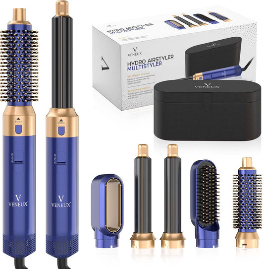 VENEUX® Föhnborstel - Airstyler - Krulborstel - Krultangen - 5-in-1 Multistyler - Met Opbergcase - Blauw Met Goud
