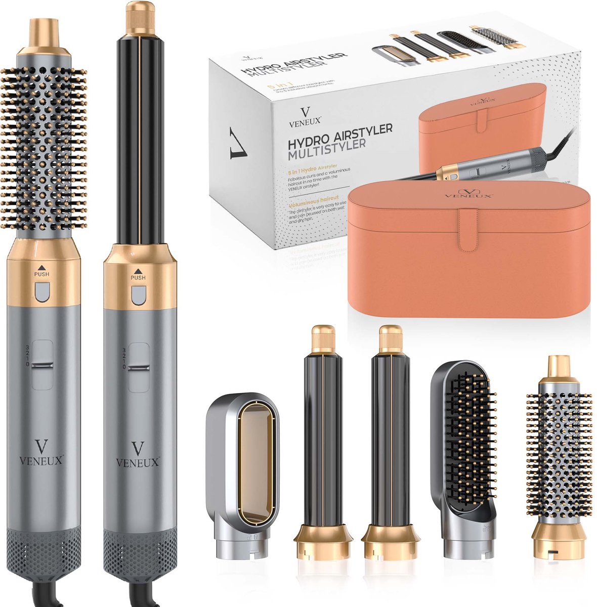 VENEUX® Föhnborstel - Airstyler - Krulborstel - Krultangen - 5-in-1 Multistyler - Met Opbergcase - Grijs Met Goud