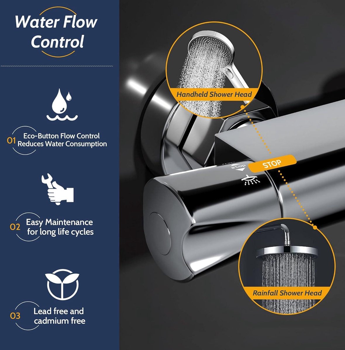 Thermostatic Shower Mixer with Dual Outlet - Chrome - Wall-Mounted - 264mm - 1/2" BSP - 3/4" BSP